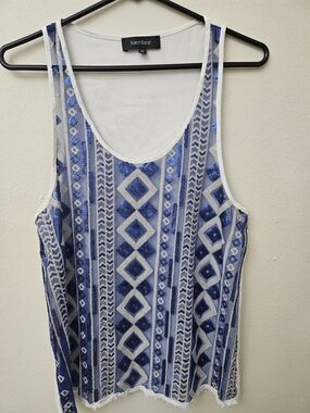 Karen Kane White and Blue Sequined Geometric Tank Top